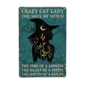 Laquaud Cat Lady Duše Čarodejnice Retro Kovov Cín Prihlásiť Vintage Prihláste sa pre Domáce Káva Stenu Decor opasok 8x12 Palec