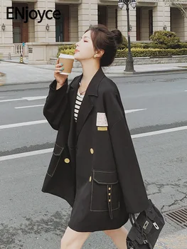 ENjoyce 2023 Jeseň Kórejskej Značky Dizajnér Čierny Oblek Coats Dámy Príležitostné Voľné Dlhý Rukáv Saka Pracovné Odevy Bunda Vrchné Oblečenie